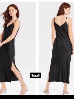 a new day Black Satin Slip Maxi Dress with Side Slit